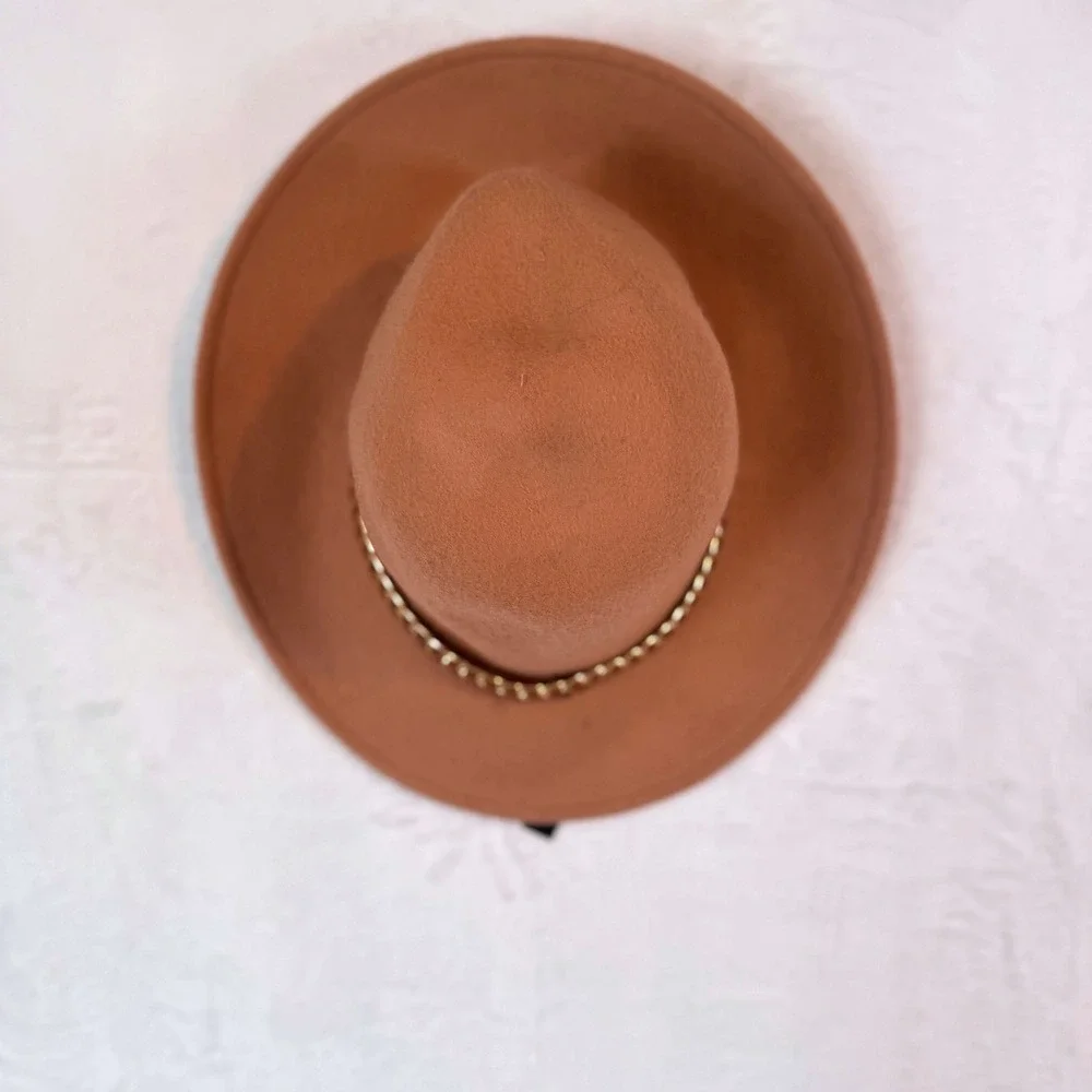 ALDO Womens Brown Felt Fedora Hat With Gold Chain Detail Wide Brim‎ NEW